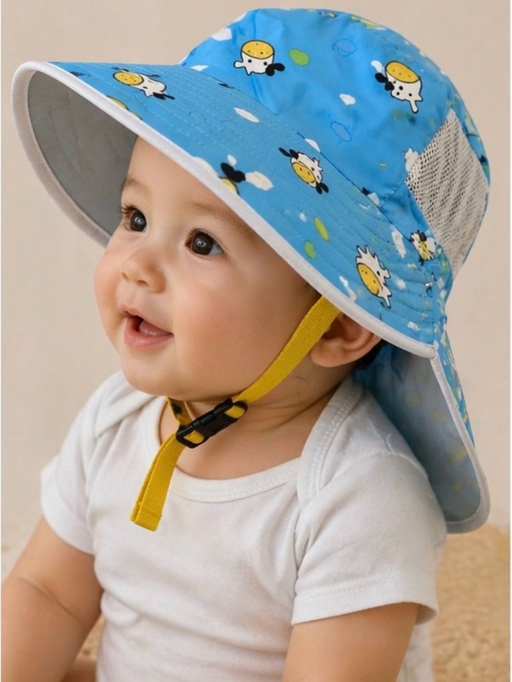 Baby Sun Hat Neck Flap UV Protection Blue Cartoon Adjustable Strap